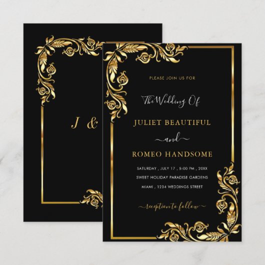 Golden Leaves Framer Black Gold Wedding Invitation Kaart (Voorkant / Achterkant)