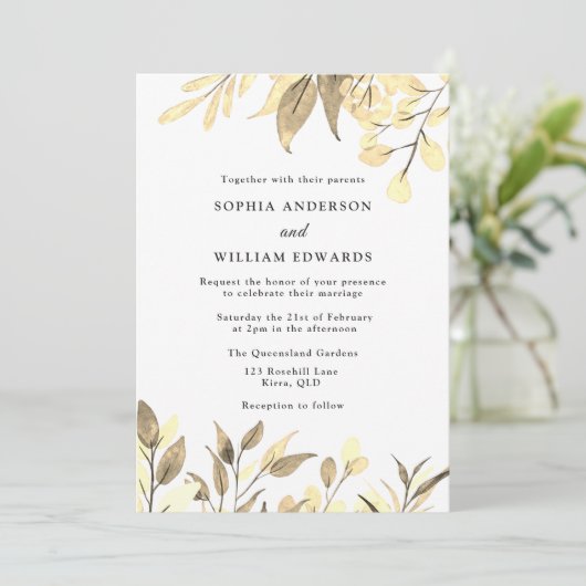 Golden Leaves Modern Gold Wedding Invitation Kaart (Staand voorkant)