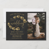 Golden Leaves op Black met Photo Rustic Wedding Save The Date (Voorkant)
