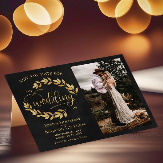 Golden Leaves op Black met Photo Rustic Wedding Save The Date