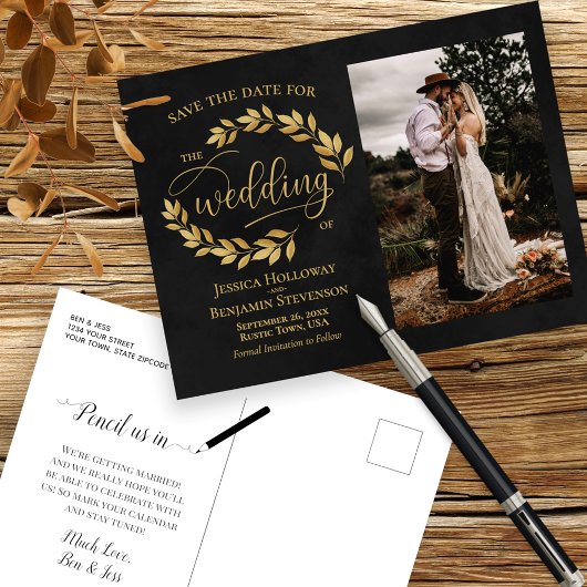 Golden Leaves op Black Photo Wedding Save the Date Aankondigingskaart