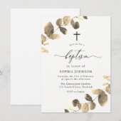 Golden Leaves White Simple Cross Baptisme Kaart (Voorkant / Achterkant)