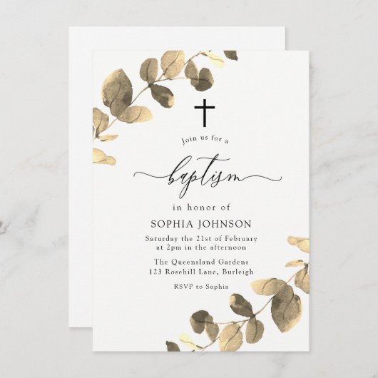 Golden Leaves White Simple Cross Baptisme Kaart (Voorkant / Achterkant)