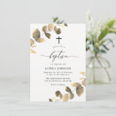Golden Leaves White Simple Cross Baptisme Kaart (Staand voorkant)