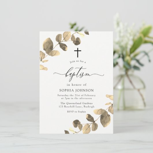 Golden Leaves White Simple Cross Baptisme Kaart (Staand voorkant)