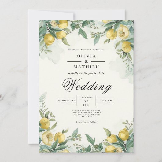 Golden Lemon Botanical Wedding Kaart (Voorkant)