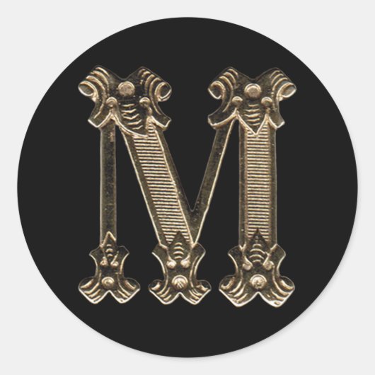 Golden Letter M Initiaal of Monogram op zwart Ronde Sticker (Voorkant)