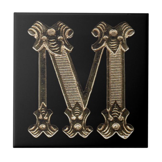 Golden Letter M Initiaal of Monogram op zwart Tegeltje (Voorkant)