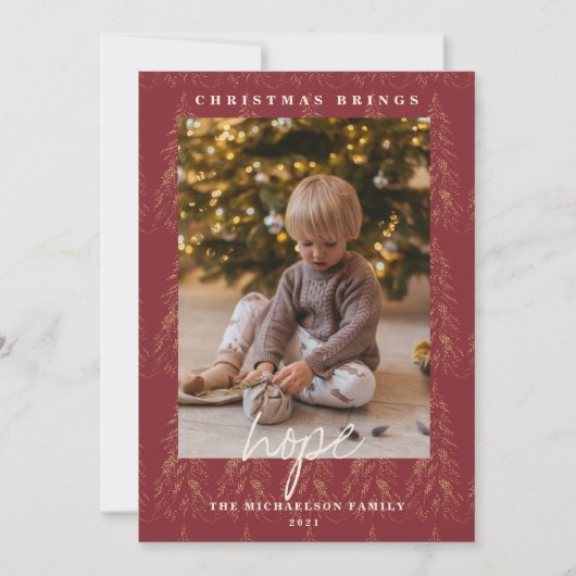 Golden Lights Bokeh Kerstmis Rood 2 Foto Feestdagenkaart (Voorkant)