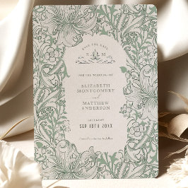 Golden Lily Sage Green Morris Save the Date Kaart