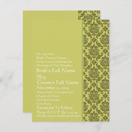Golden Limoen Damask bruiloft uitnodiging Briefkaa (Voorkant / Achterkant)