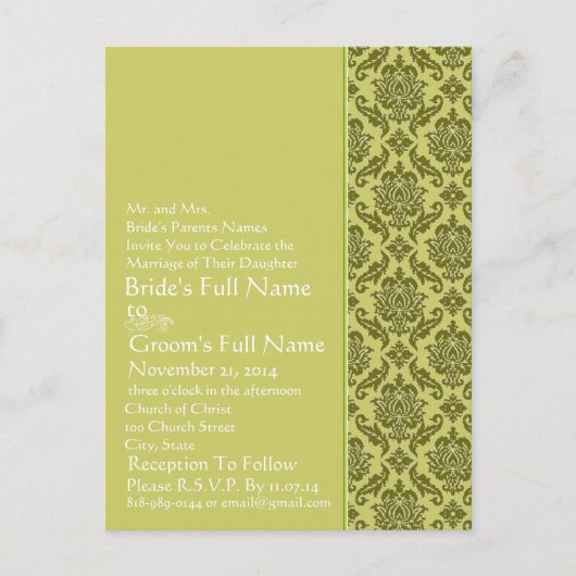 Golden Limoen Damask bruiloft uitnodiging Briefkaa (Voorkant)