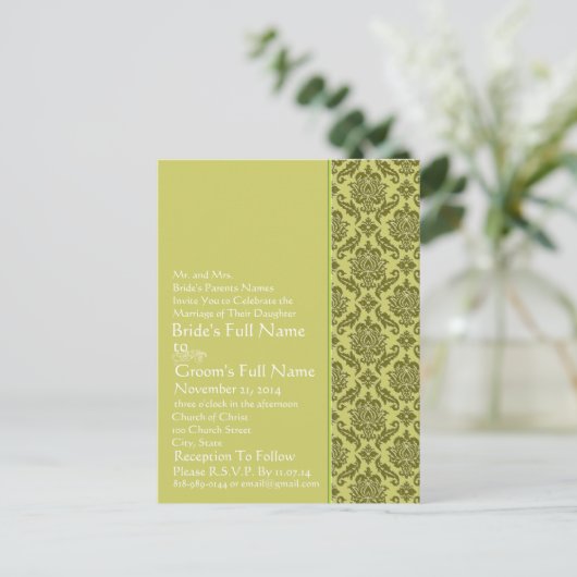 Golden Limoen Damask bruiloft uitnodiging Briefkaa (Staand voorkant)
