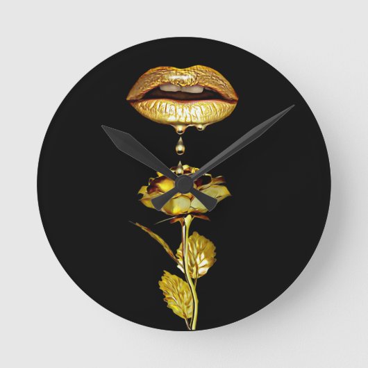 Golden Lips Drift Liquid Gold Art Ronde Klok (Voorkant)