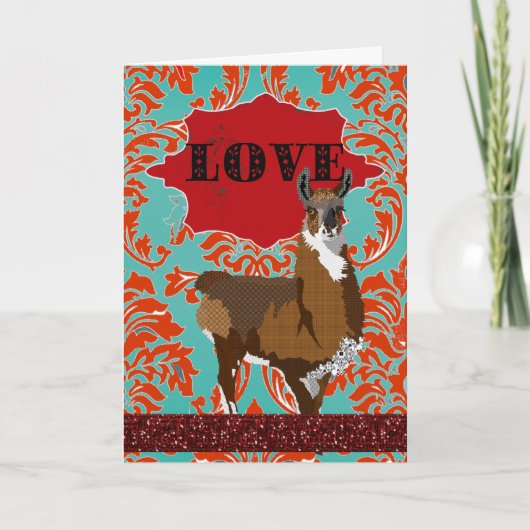 Golden Llama Love Red Damask Groet Feestdagen Kaart (Voorkant)