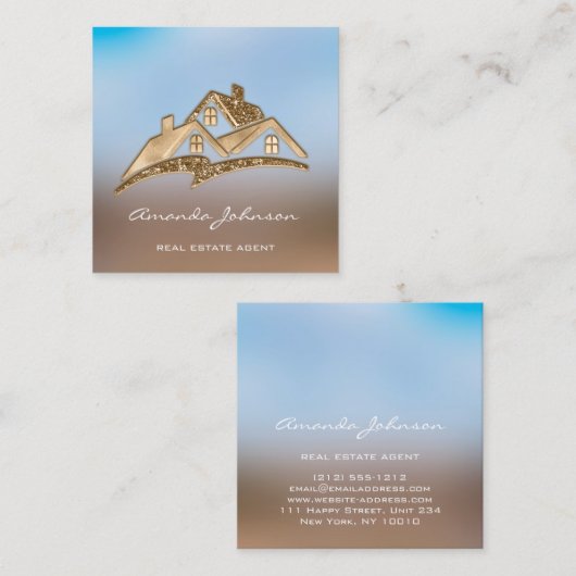 Golden Logo House Real Estate Agent Professional Vierkante Visitekaartje (Voorkant / Achterkant)
