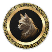 Golden Longhair Cat omwoeld in Damask Keramische Knop (Voorkant)