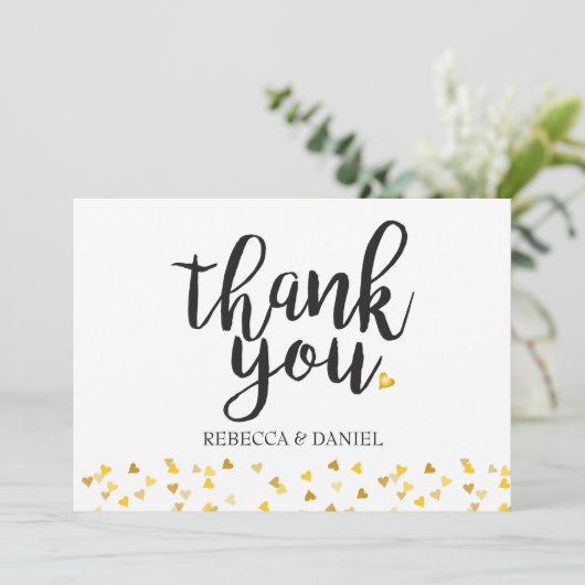 Golden Love Hearts Confetti Script Bedankkaart (Staand voorkant)
