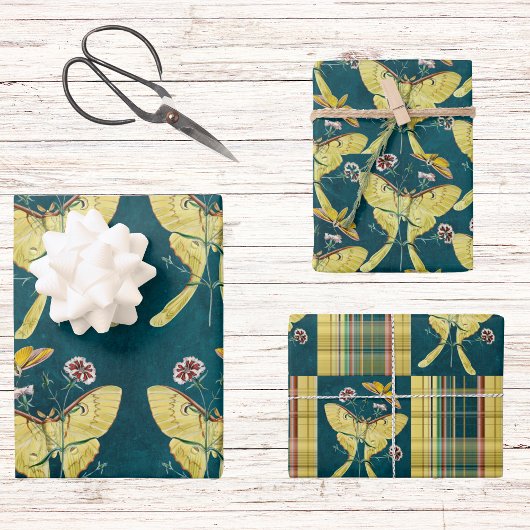 Golden Luna Moth met bloemen op Blauwgroen met Pla Inpakpapier Vel