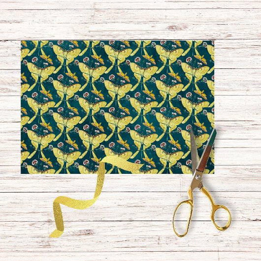 Golden Luna Moth met bloemen op Blauwgroen met Pla Inpakpapier Vel