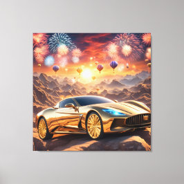 golden luxury car in a desert landscape canvas afdruk