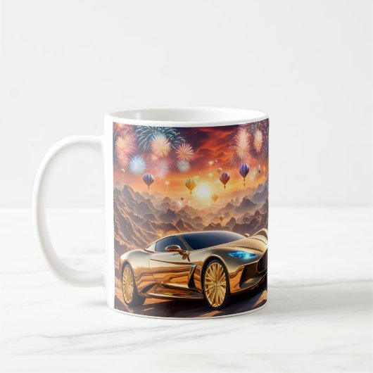 golden luxury car in a desert landscape koffiemok (Links)
