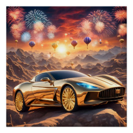 golden luxury car in a desert landscape perfect poster