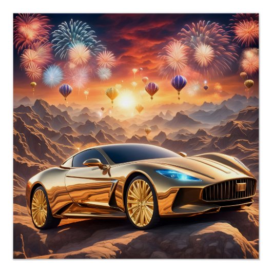 golden luxury car in a desert landscape perfect poster (Voorkant)