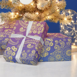 Golden Luxury Paisley op blauw, Paars en Oranje Cadeaupapier