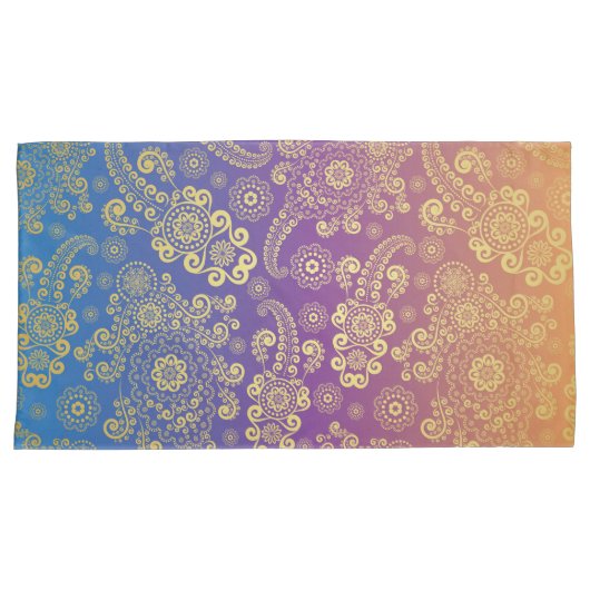Golden Luxury Paisley op blauw, Paars en Oranje Kussensloop (Voorkant-Rechts)