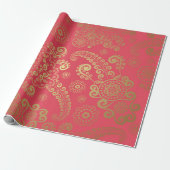 Golden Luxury Paisley over tropische roze achtergr Cadeaupapier (Uitgerold)
