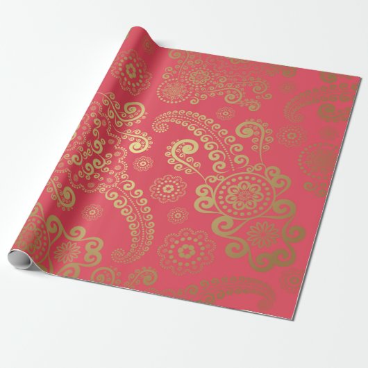 Golden Luxury Paisley over tropische roze achtergr Cadeaupapier (Uitgerold)