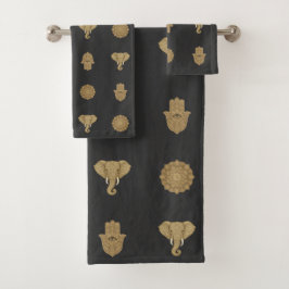 Golden Mandala Elephant Hamsa Hand -Boho Art Print Bad Handdoek