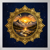 Golden Mandala Mountain Sunset Cosmic Boho Nature Poster (Voorkant)
