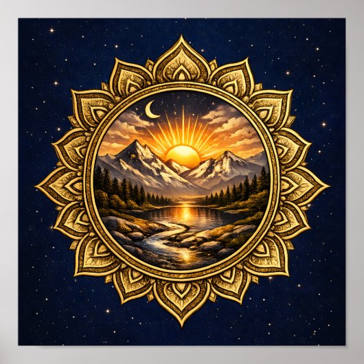 Golden Mandala Mountain Sunset Cosmic Boho Nature Poster (Voorkant)