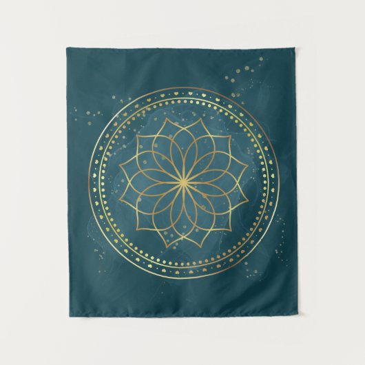 Golden Mandala op Blauwgroen Wandkleed (Voorkant)