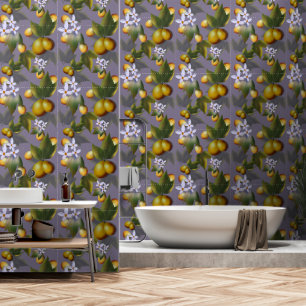 Golden Mango Patroon met witte bloesems op Taupe Behang