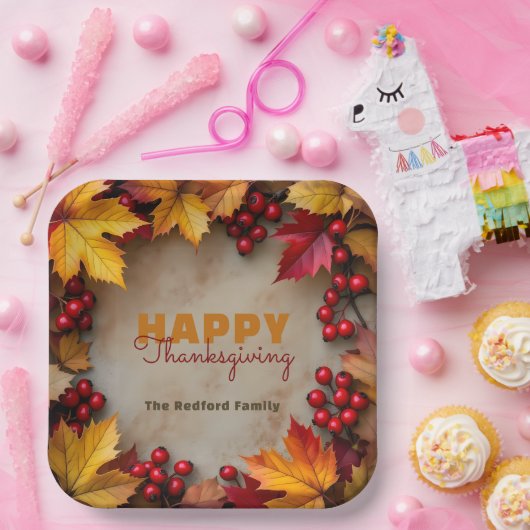 Golden Maple Leaves en Red Berries Thanksgiving Papieren Bordje (Feest)