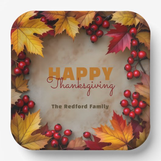 Golden Maple Leaves en Red Berries Thanksgiving Papieren Bordje (Voorkant)