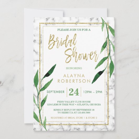 Golden Marble Bridal Shower Invitation, Greenery Kaart (Voorkant)