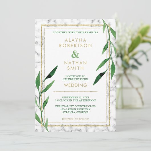 Golden Marble bruiloft uitnodiging, groen Kaart (Staand voorkant)