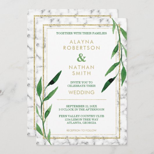 Golden Marble bruiloft uitnodiging, groen Kaart (Voorkant / Achterkant)