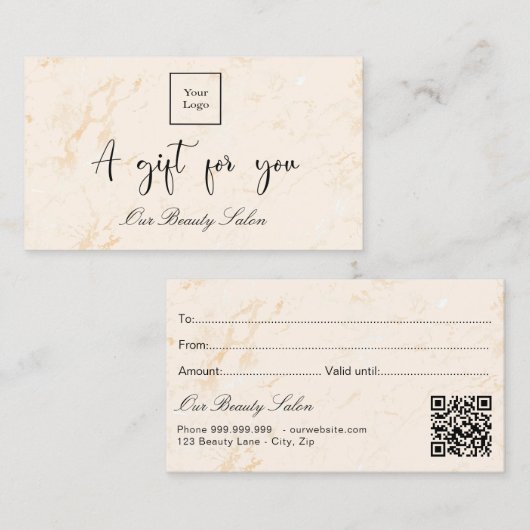 Golden marble logo qr code gift certificaat (Voorkant / Achterkant)