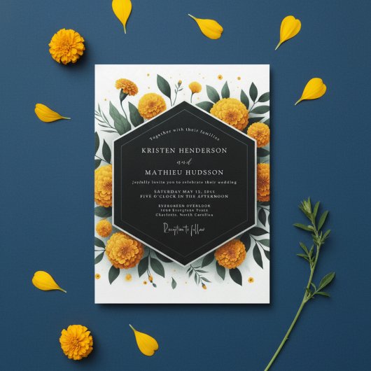 Golden Marigold Botanical Romance Wedding Kaart