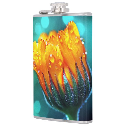 Golden Marigold op Blauwgroen Bokeh Heupfles (Links)