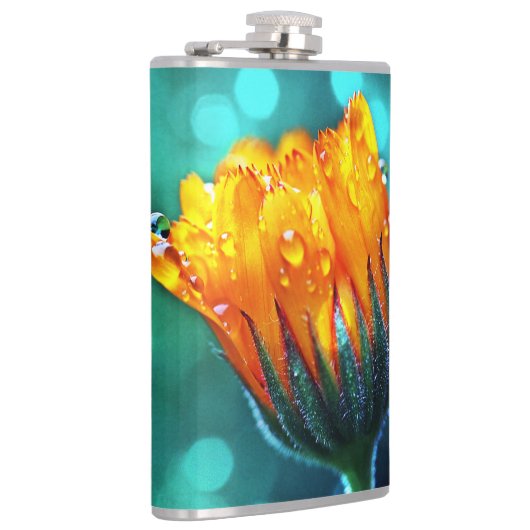 Golden Marigold op Blauwgroen Bokeh Heupfles (Rechts)