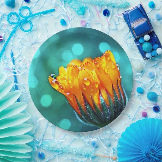 Golden Marigold op Blauwgroen Bokeh Papieren Bordje (Feest)