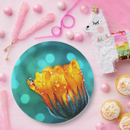 Golden Marigold op Blauwgroen Bokeh Papieren Bordje (Feest)