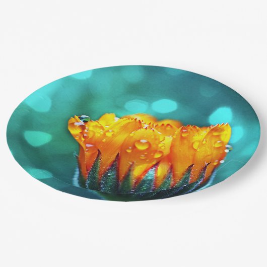 Golden Marigold op Blauwgroen Bokeh Papieren Bordje (Gekanteld)