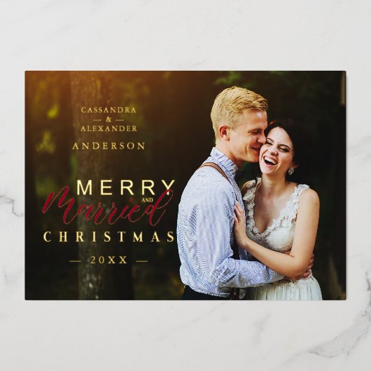 Golden Married & Merry Newlyweds Photo Christmas Folie Feestdagenkaart (Voorkant)